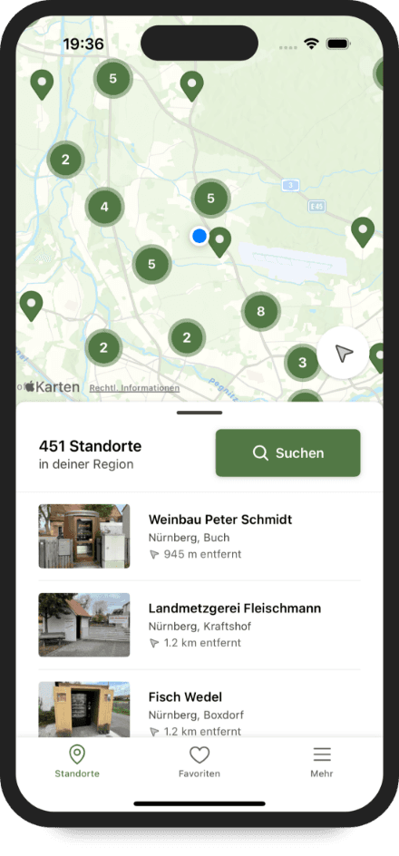 Einstiegsseite mit Karte und Liste innerhalb der FindHilde App