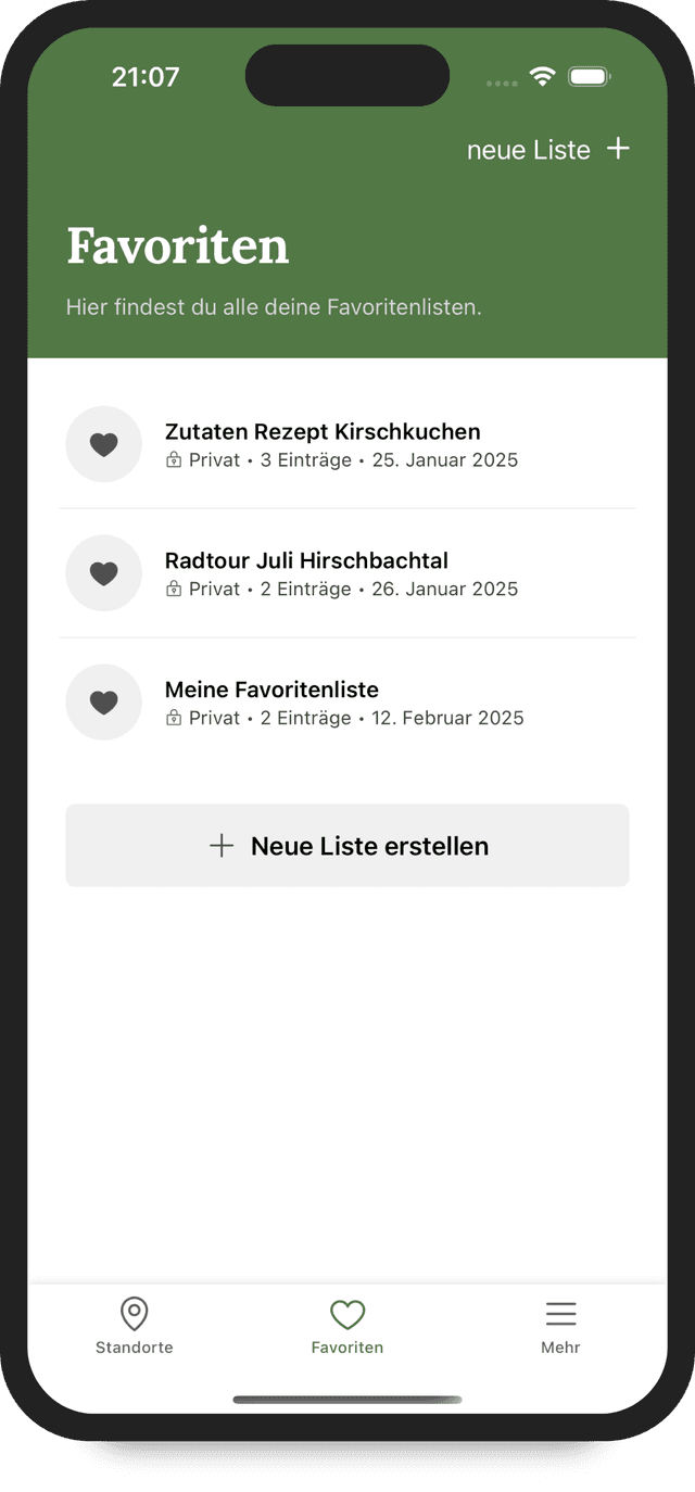 Verwaltung von Favoritenlisten innerhalb der FindHilde App