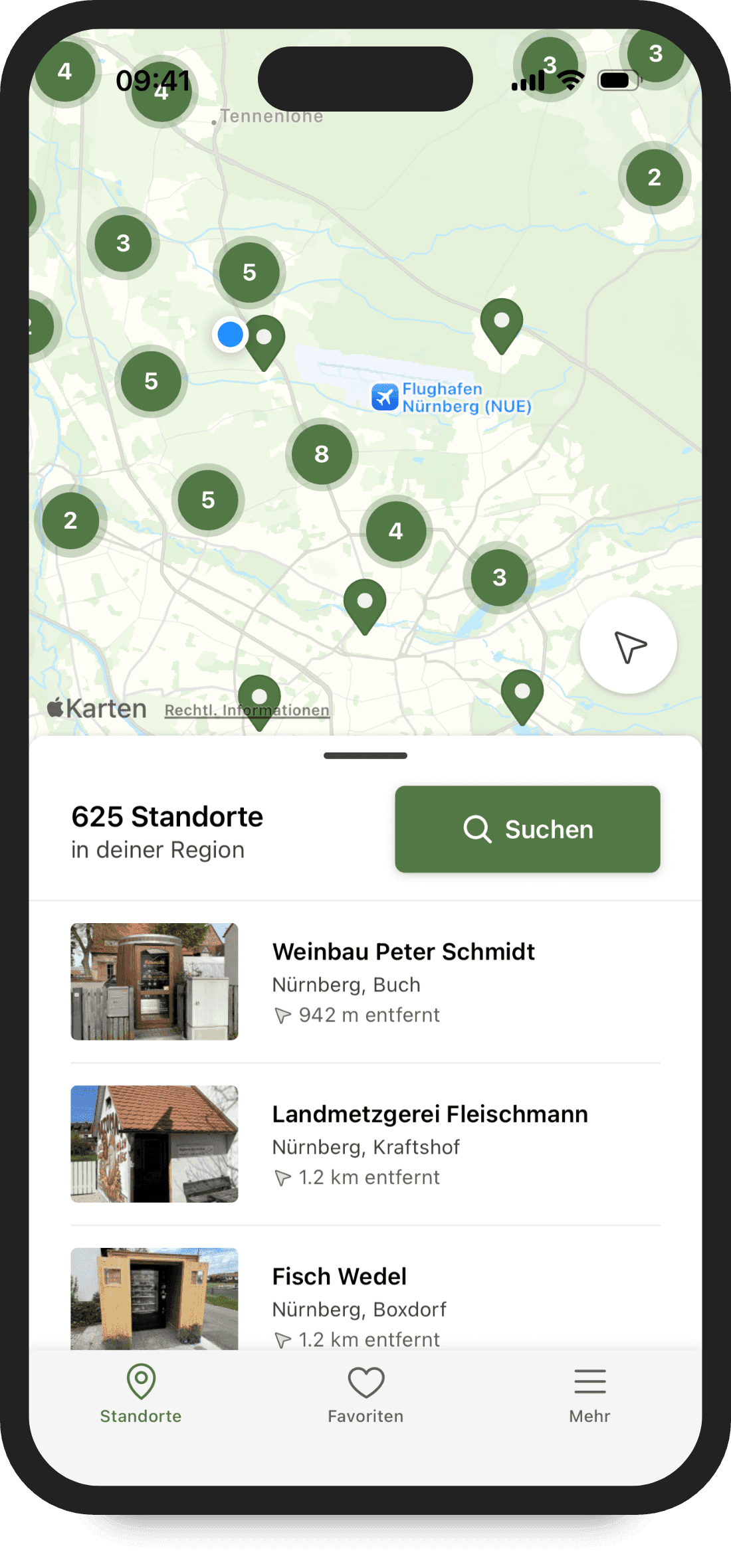 Karte und Liste mit SB-Hofläden und Automaten in der Nähe in der FindHilde App