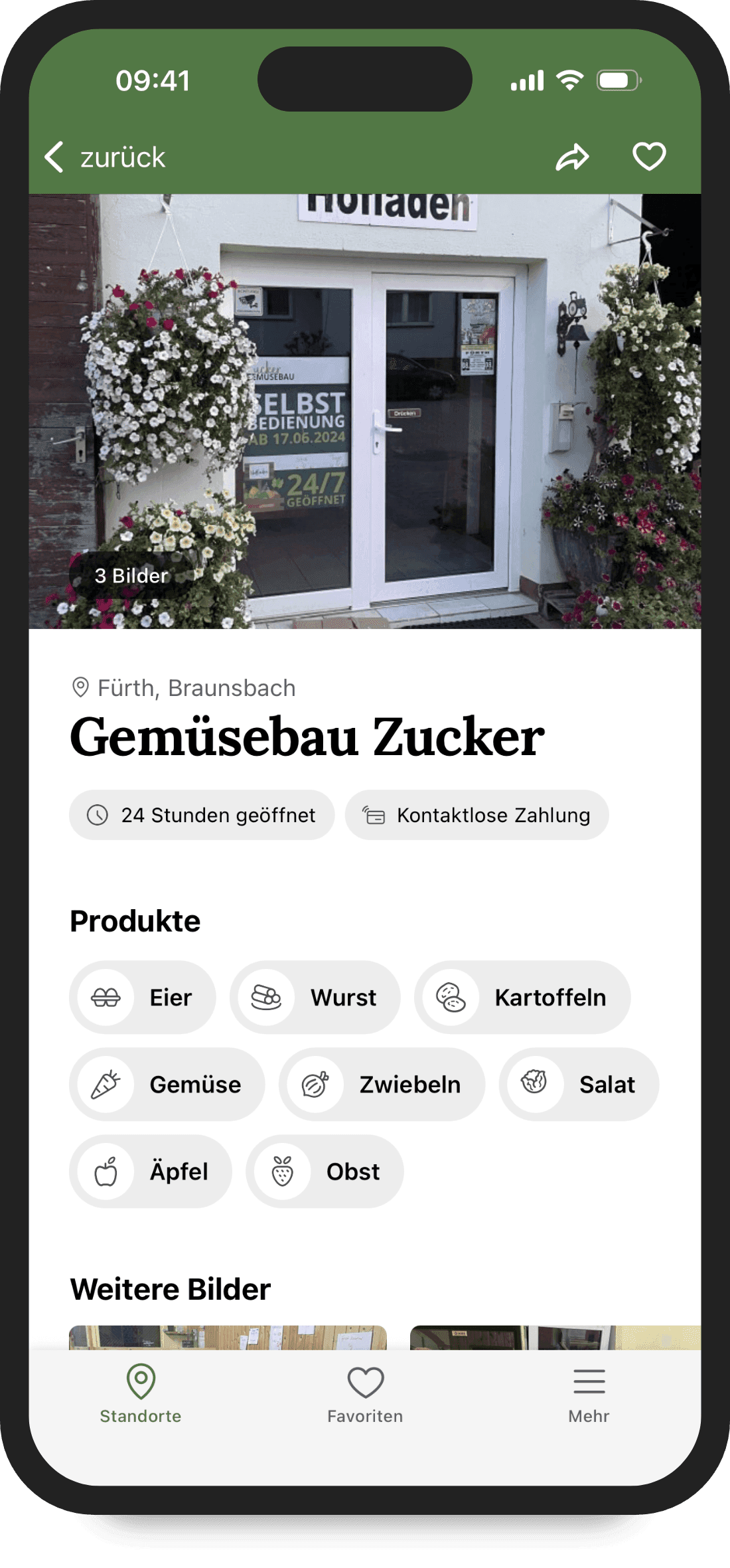 Detailansicht eines SB-Hofladens mit seinen Produkten in der FindHilde App