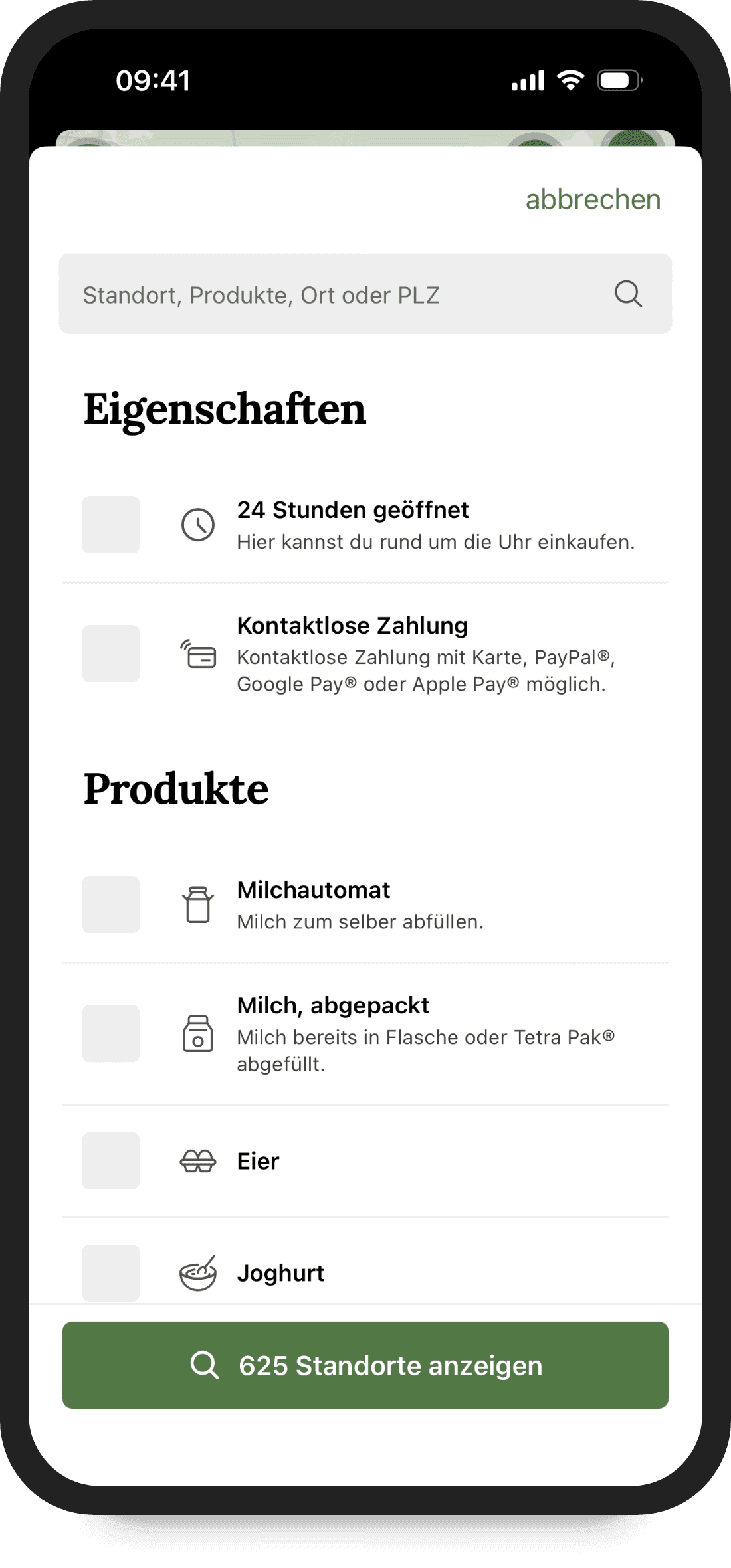 Filter nach Eigenschaften und Produkten in der FindHilde App