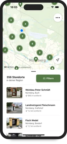 Einstiegsseite mit Karte und Liste innerhalb der FindHilde App